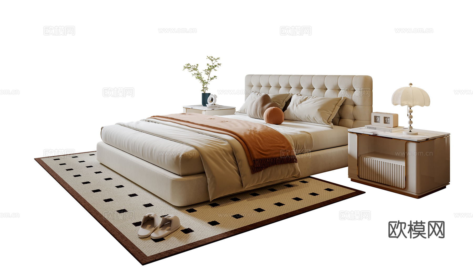 法式双人床 布艺双人床 床头柜 地毯su模型