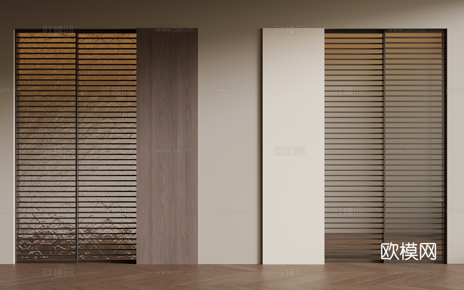 现代移门 玻璃格栅推拉门su模型