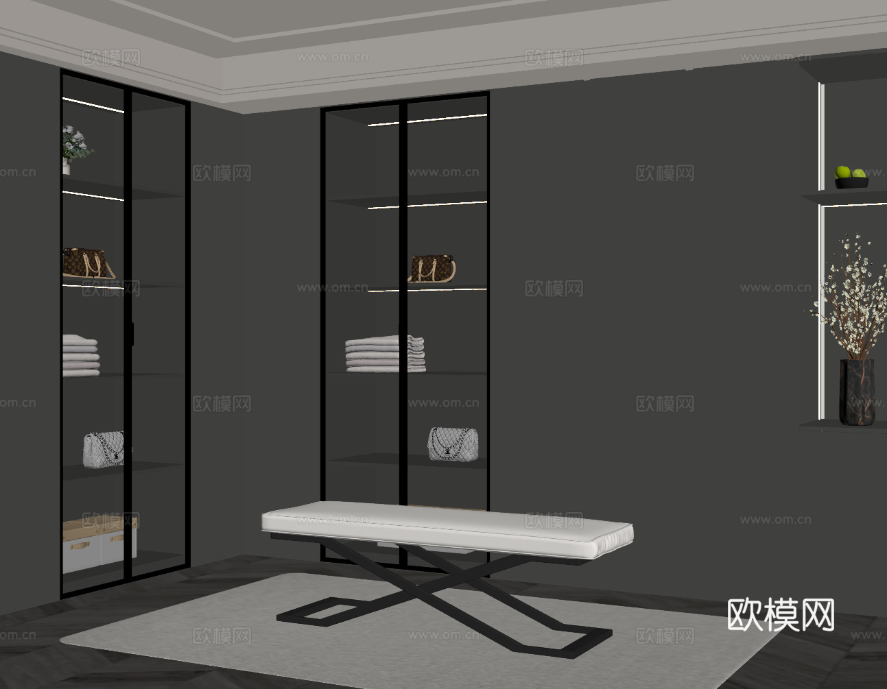 现代意式衣帽间 L型衣柜su模型