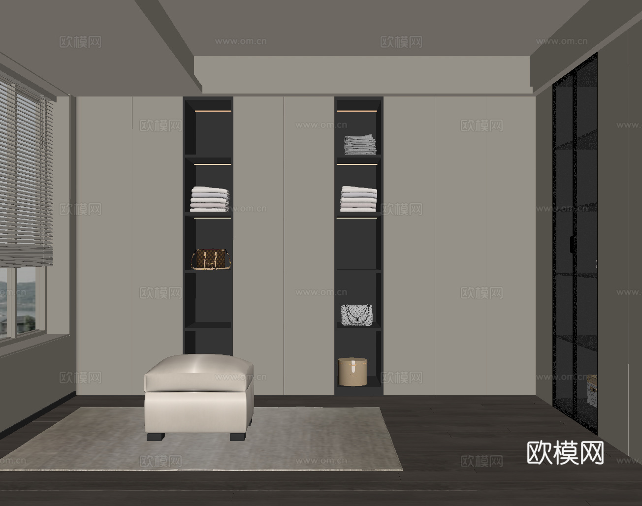 现代衣帽间 沙发凳 L型衣柜su模型