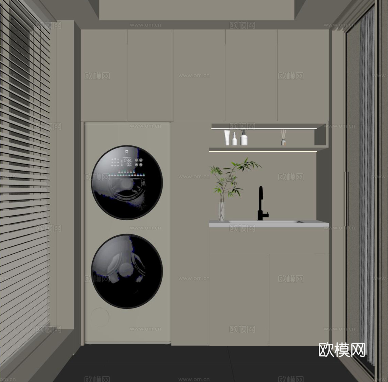 现代阳台 阳台洗衣机柜su模型