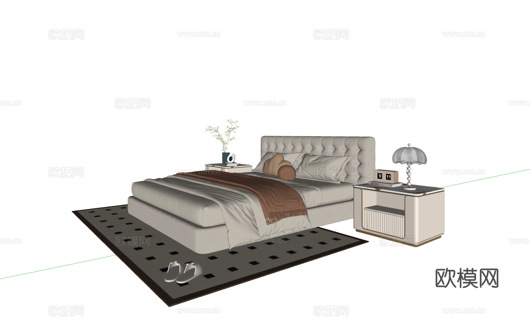 法式双人床 布艺双人床 床头柜 地毯su模型
