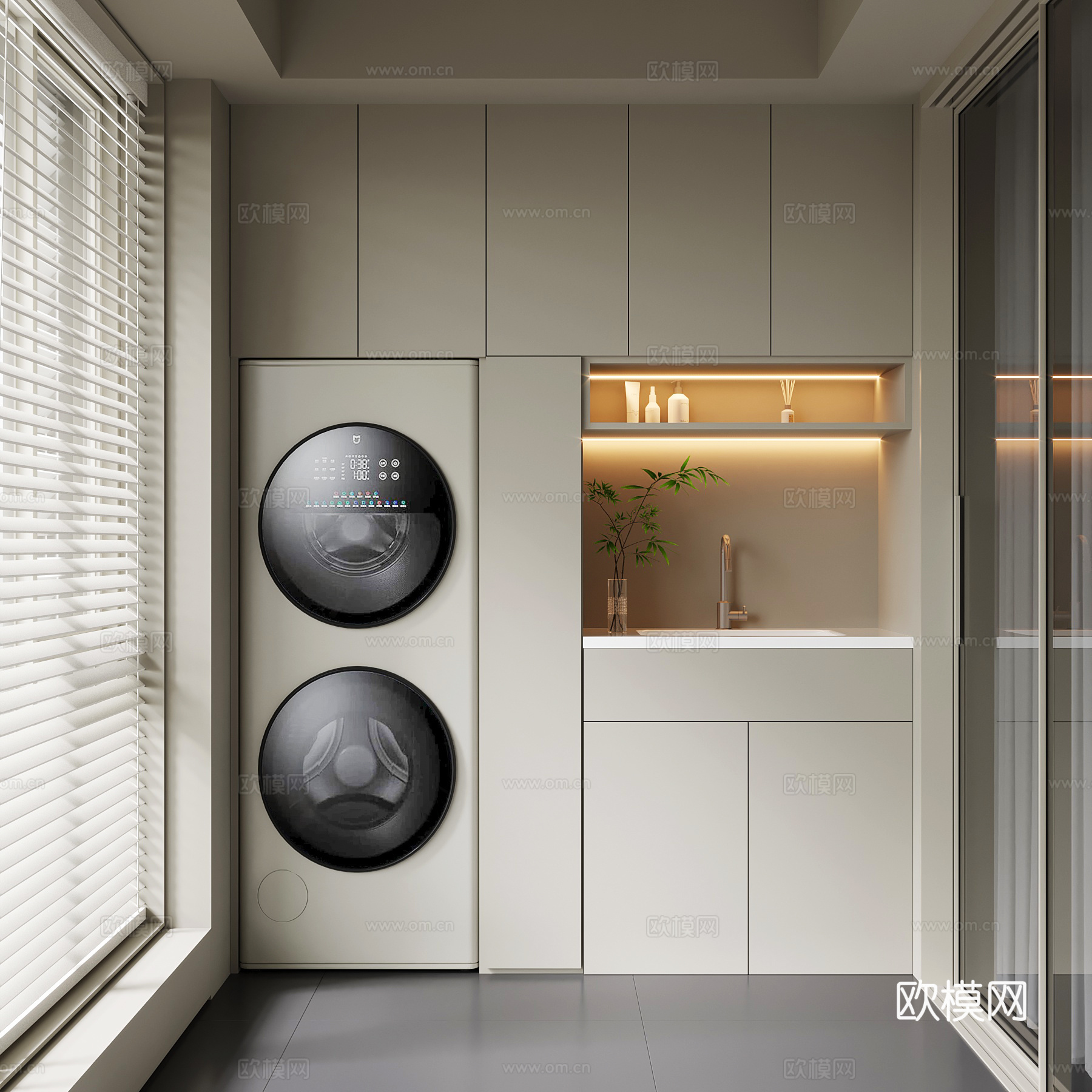 现代阳台 阳台洗衣机柜su模型
