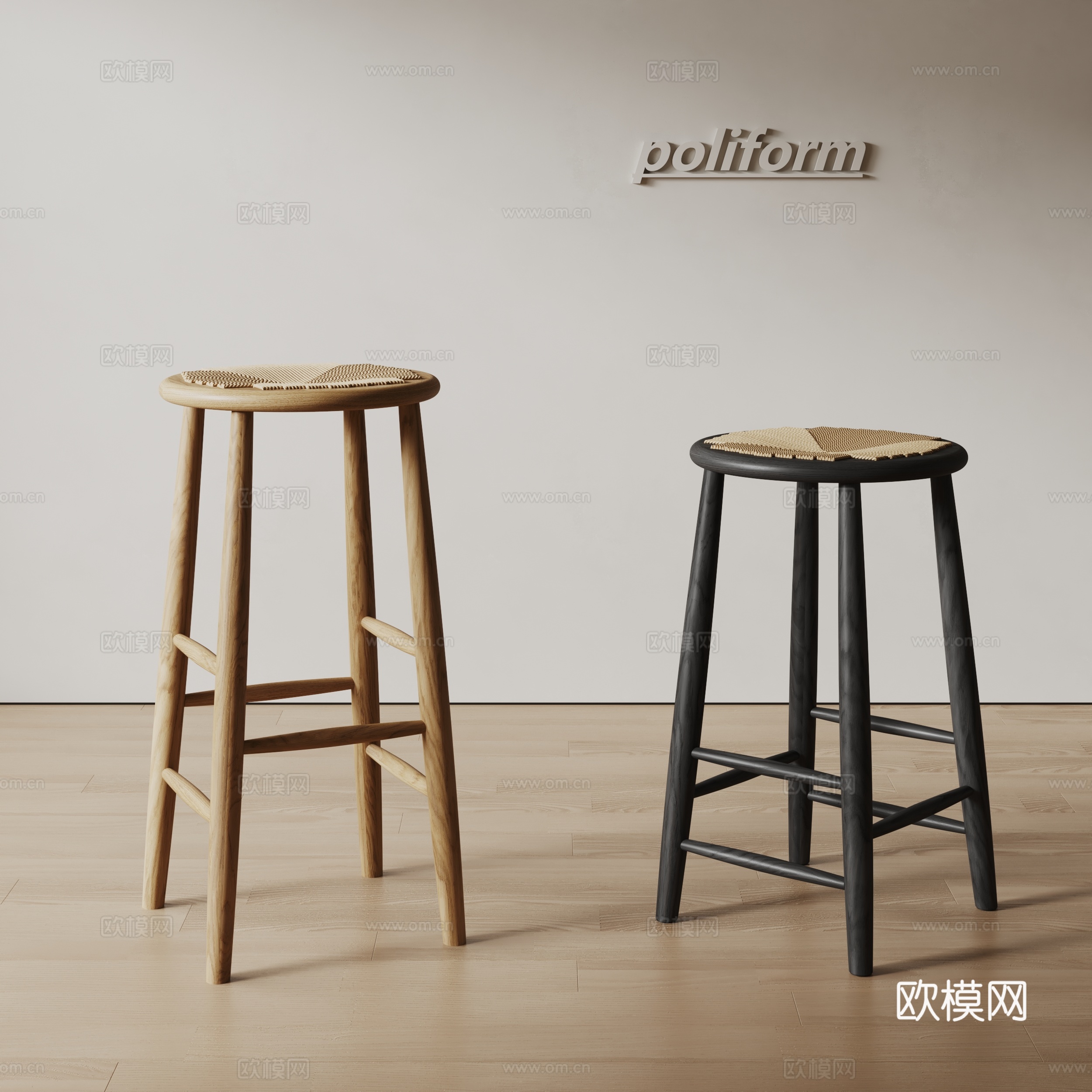 poliform侘寂风凳子 实木凳子 吧凳su模型下载（渲染图1）