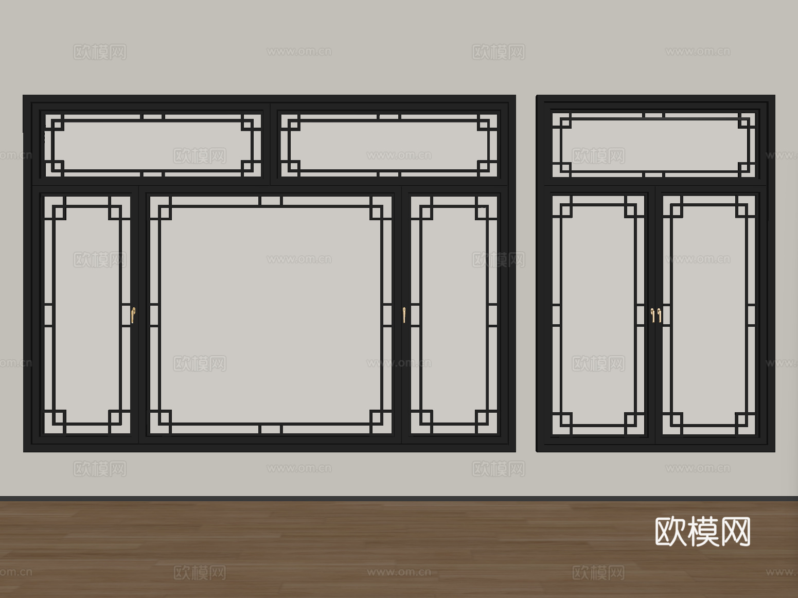 中式窗户 平开窗 落地窗 阳台窗su模型