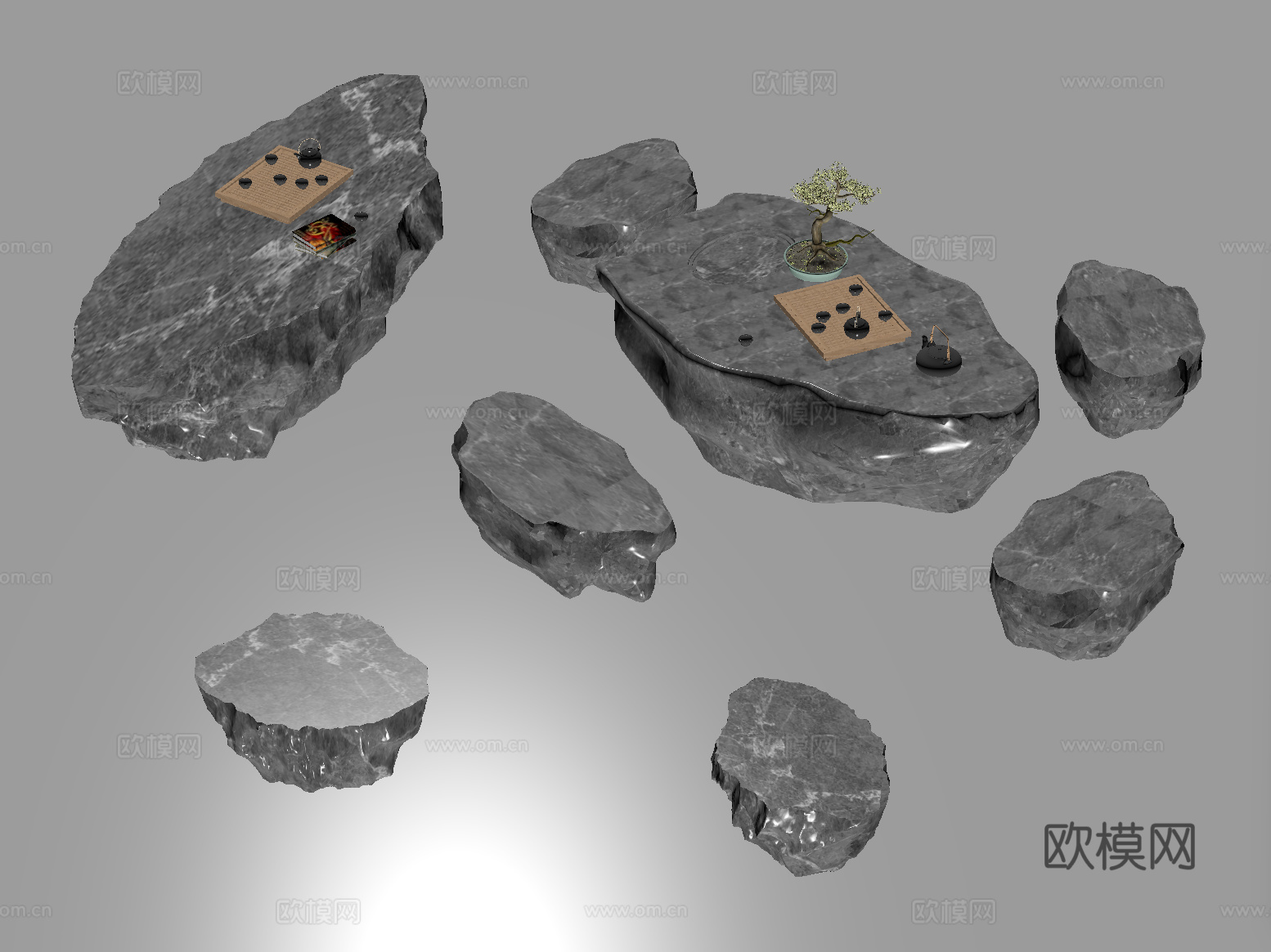 新中式石头户外桌椅 茶桌椅 休闲桌椅su模型