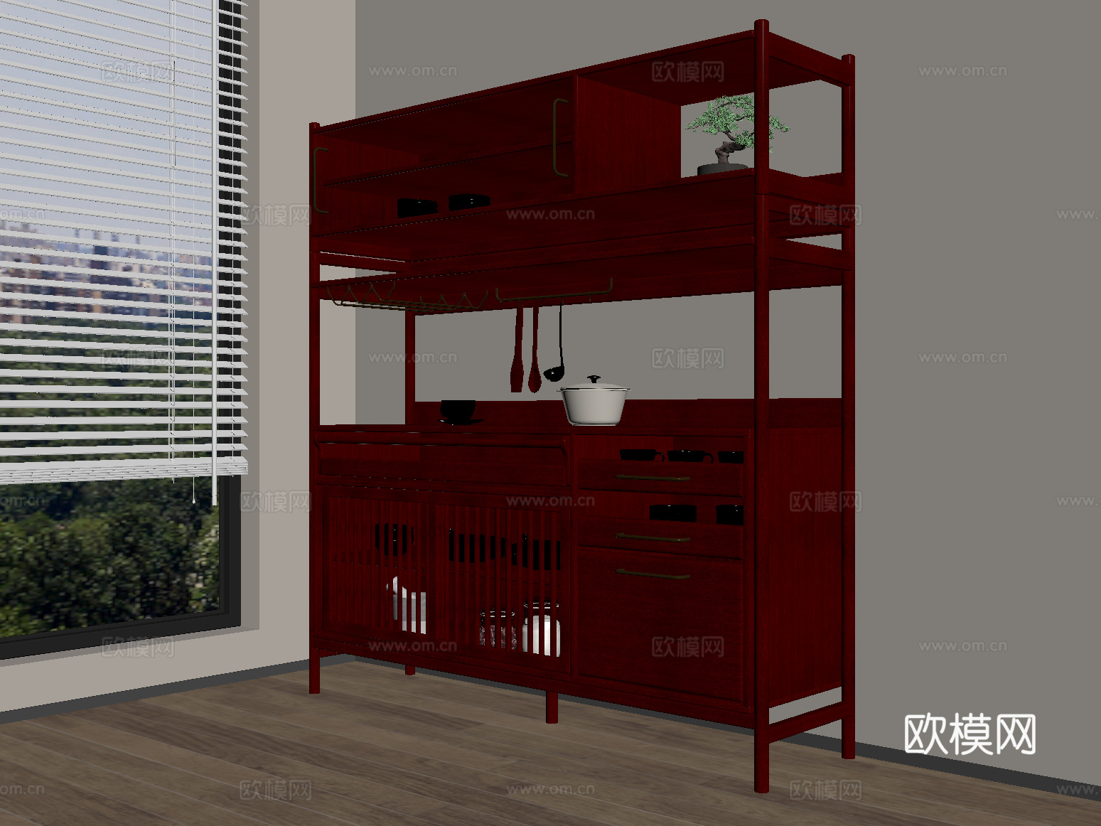 新中式茶水柜 餐边柜 储物柜su模型