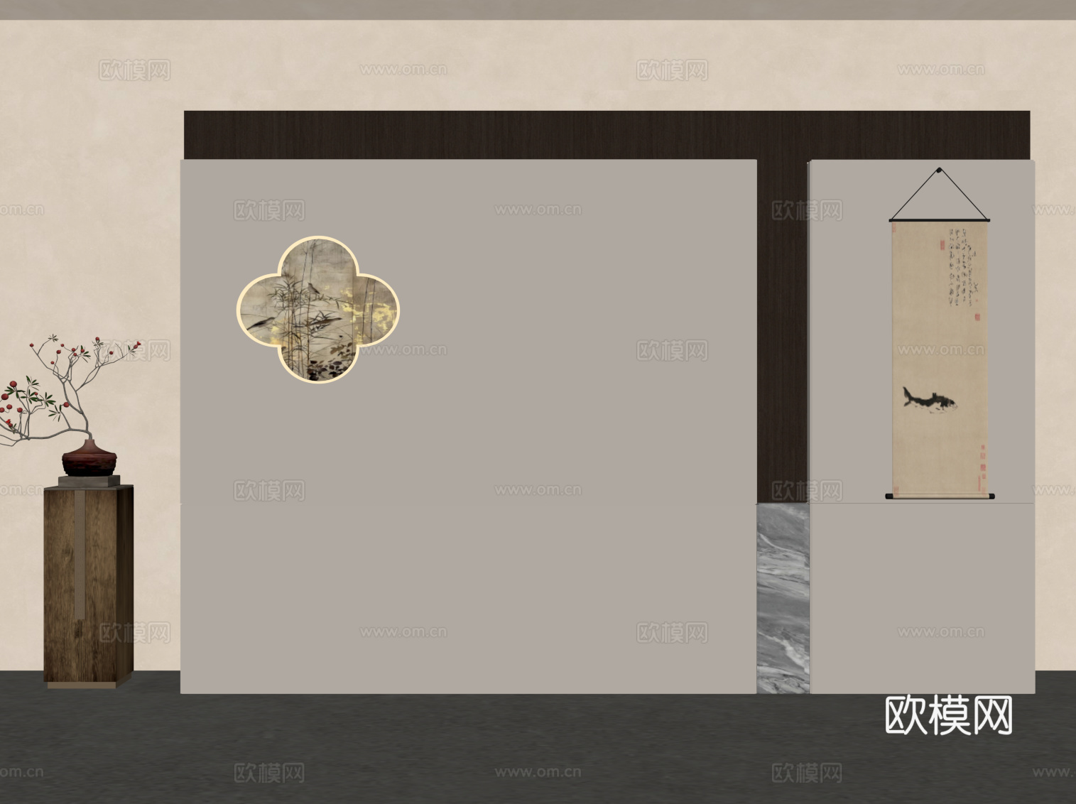 新中式背景墙su模型