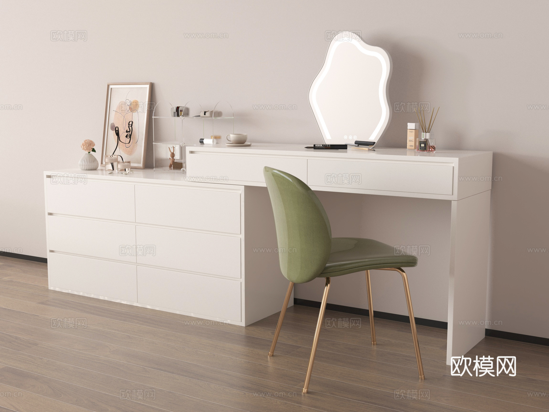 现代梳妆台 化妆台 化妆镜 化妆凳su模型