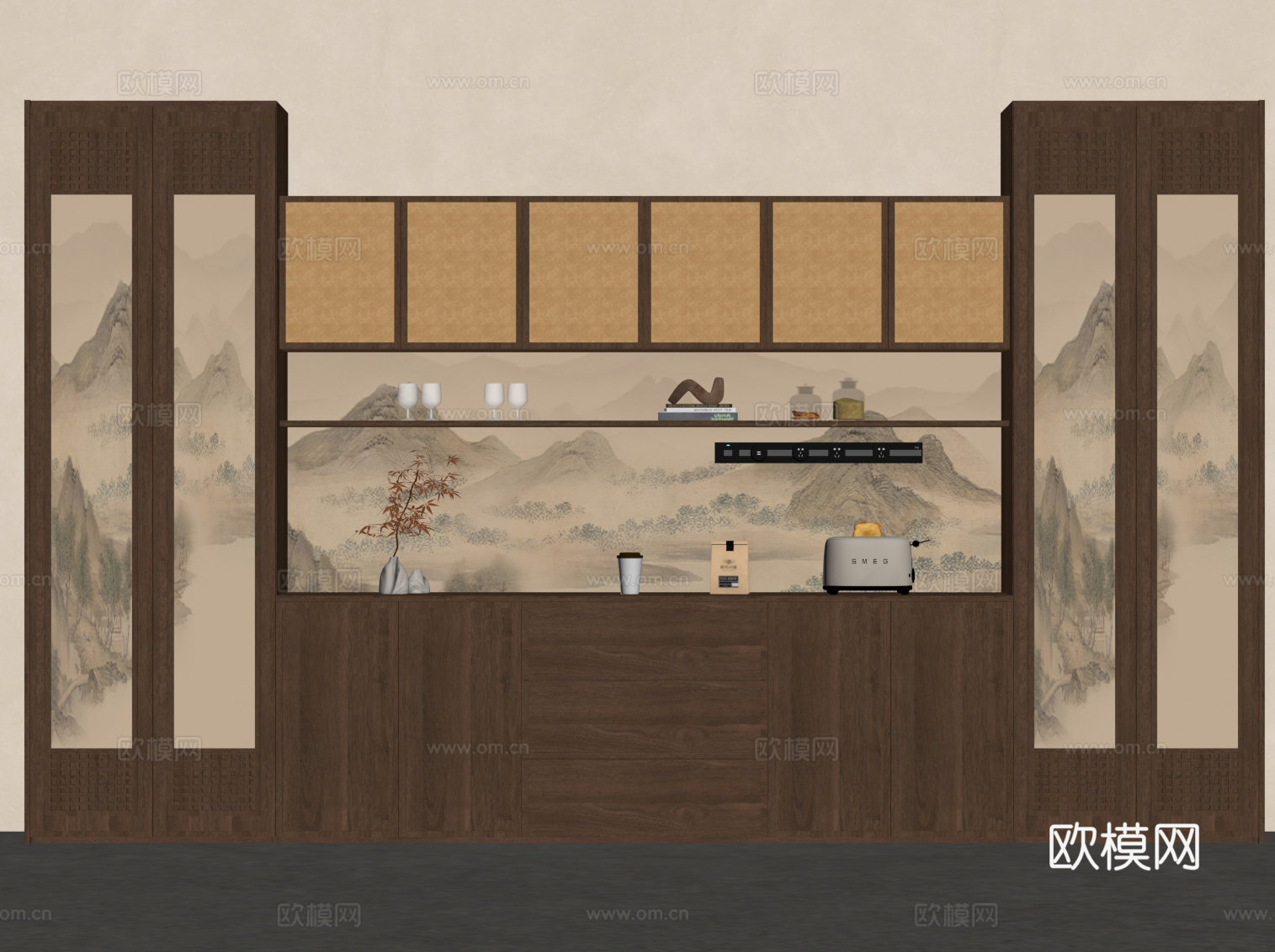 新中式酒柜 宋式风酒柜 餐边柜su模型