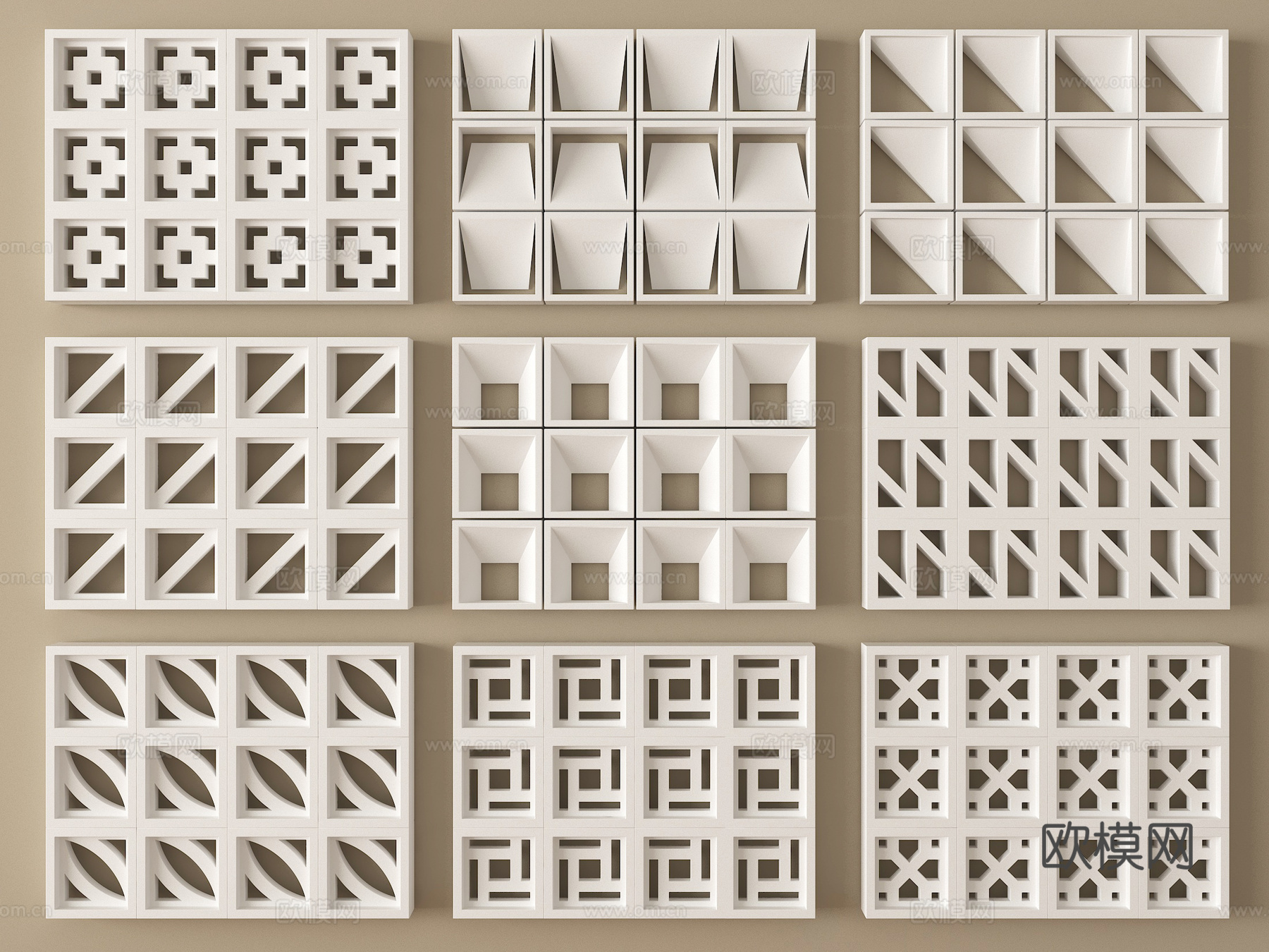 现代水泥砖隔断 镂空水泥砖隔断 空心砖 镂空砖su模型