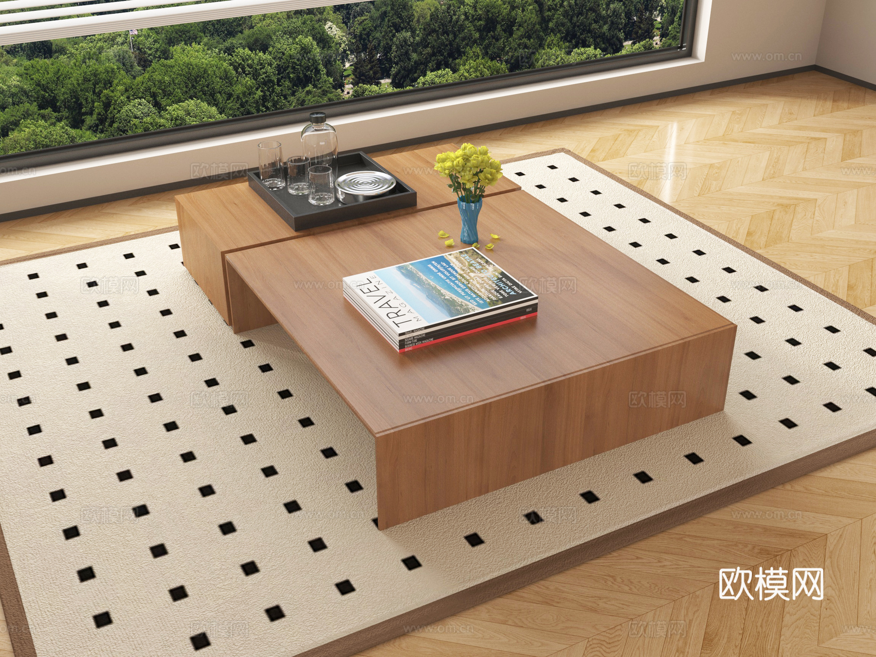 原木风茶几 茶具 书籍 摆件su模型