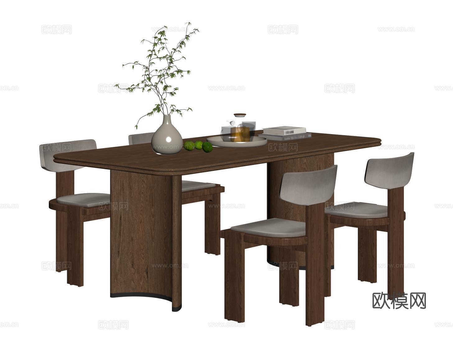中古现代餐桌椅 长方形木餐桌 餐椅su模型