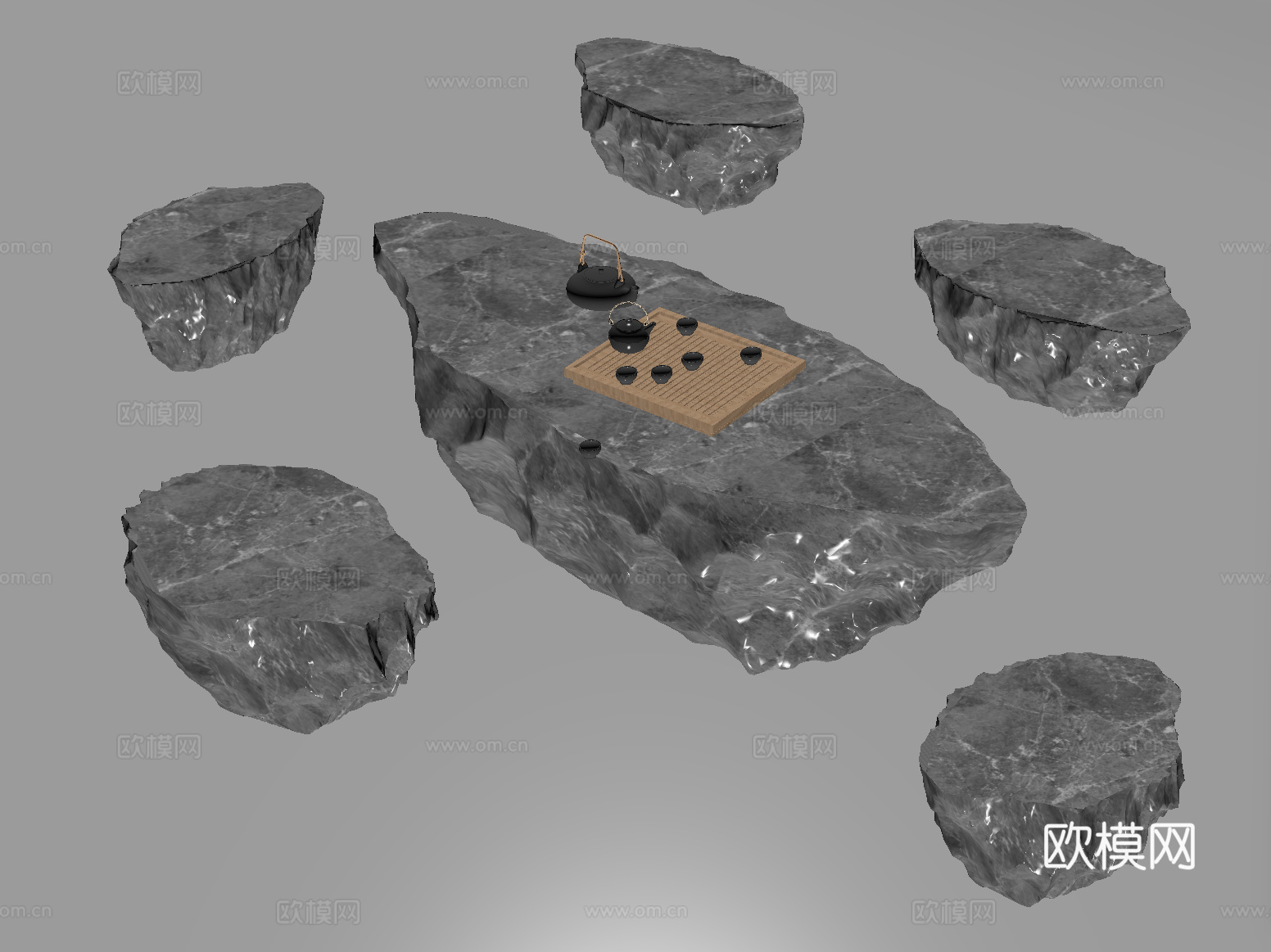 新中式石头户外桌椅 茶桌椅 休闲桌椅su模型下载（渲染图2）