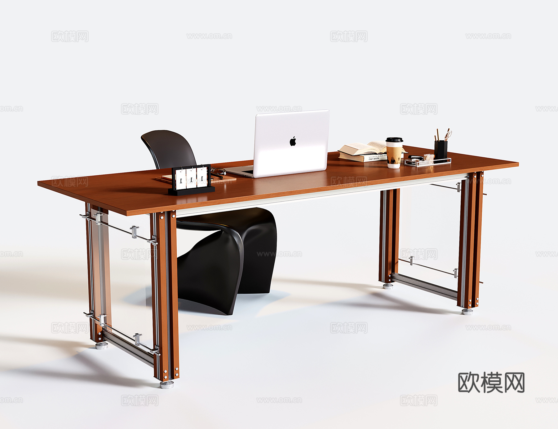 现代中古书桌椅 铝型材书桌su模型下载（渲染图1）