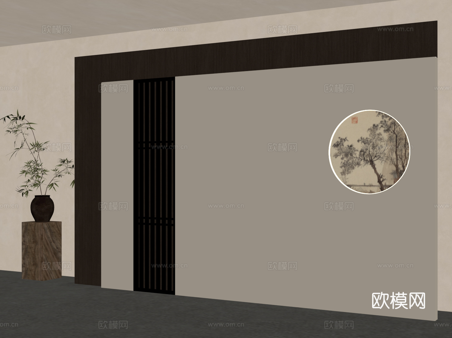 新中式背景墙su模型