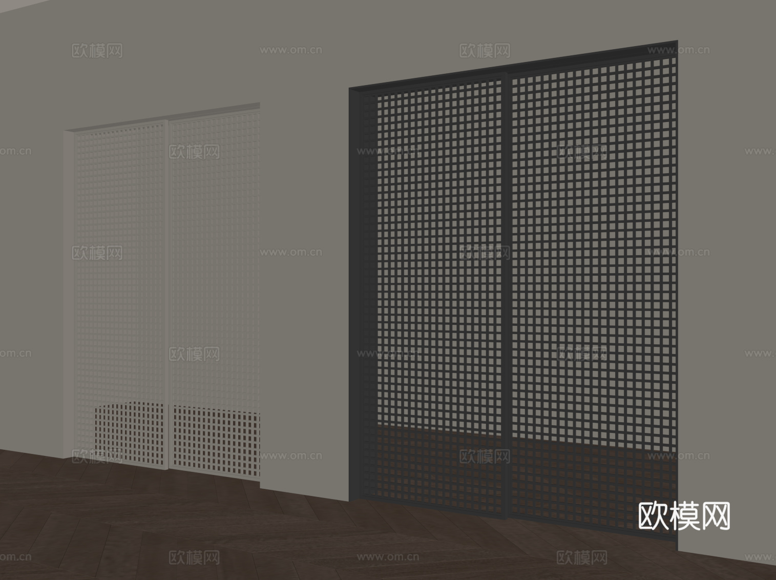 现代移门 格栅推拉门su模型