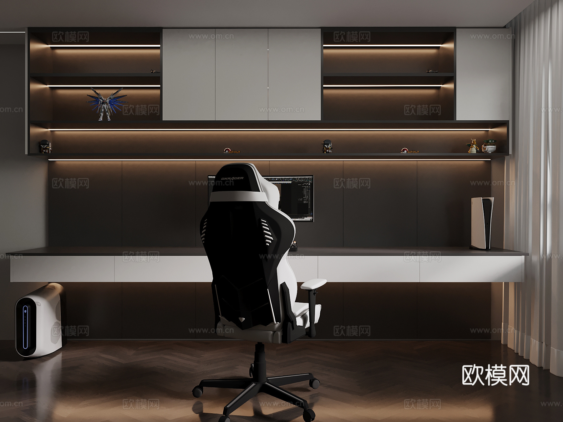 现代电竞房 电脑桌 壁柜su模型