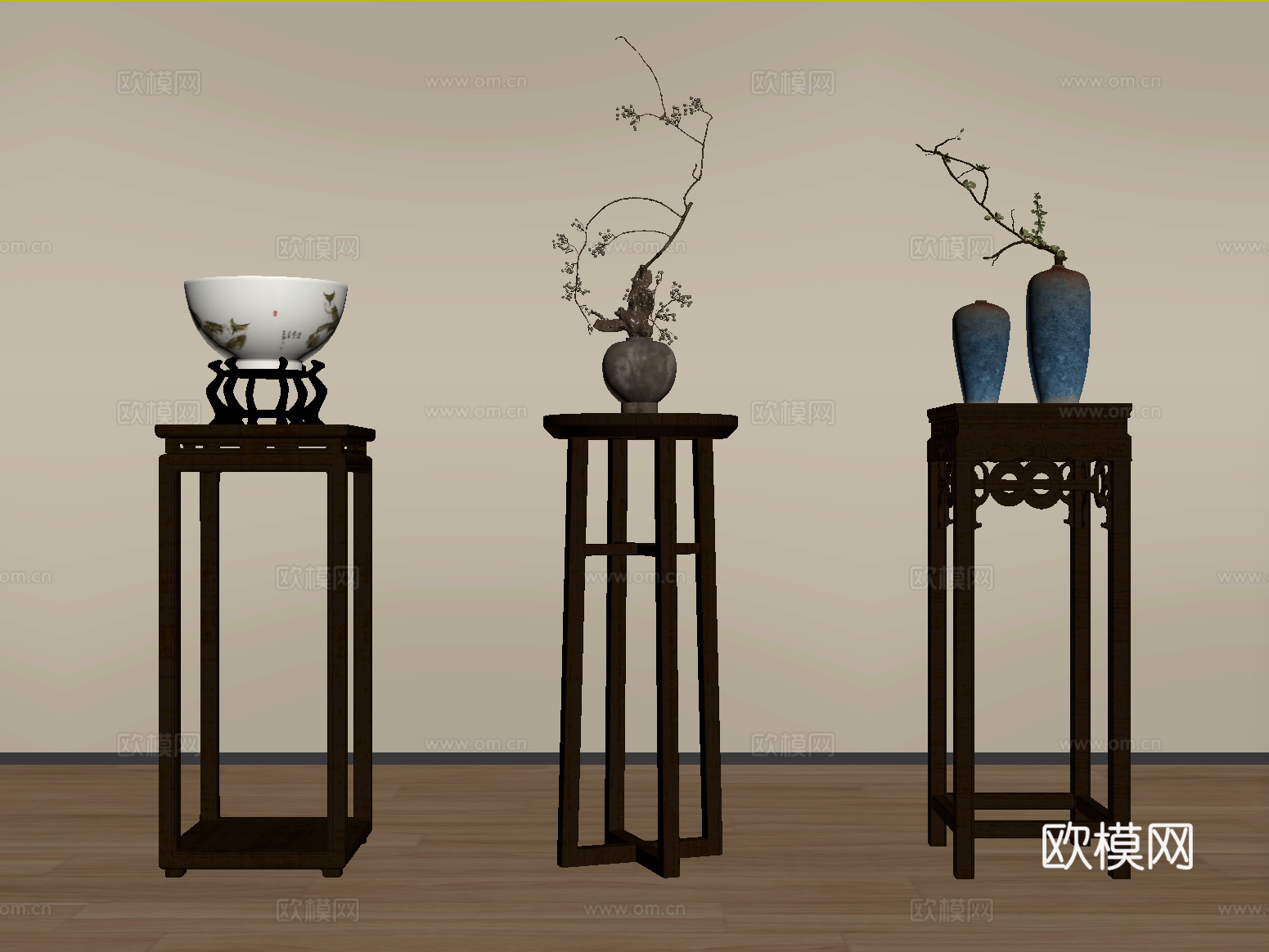新中式花架 花几 花盆 盆栽su模型