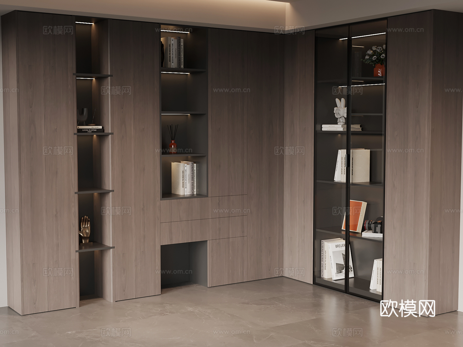 现代意式书柜 L型书柜su模型
