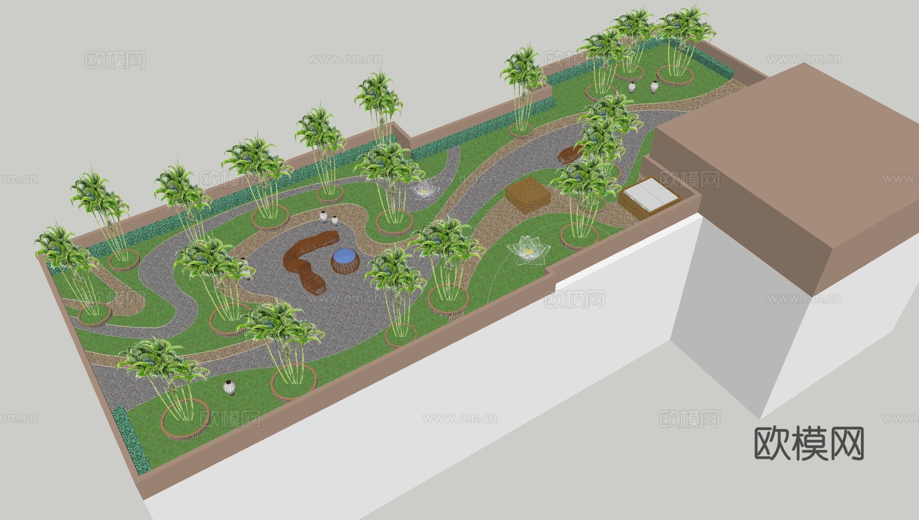 新中式屋顶花园 露台花园 花园平台 屋顶花园 花园su模型