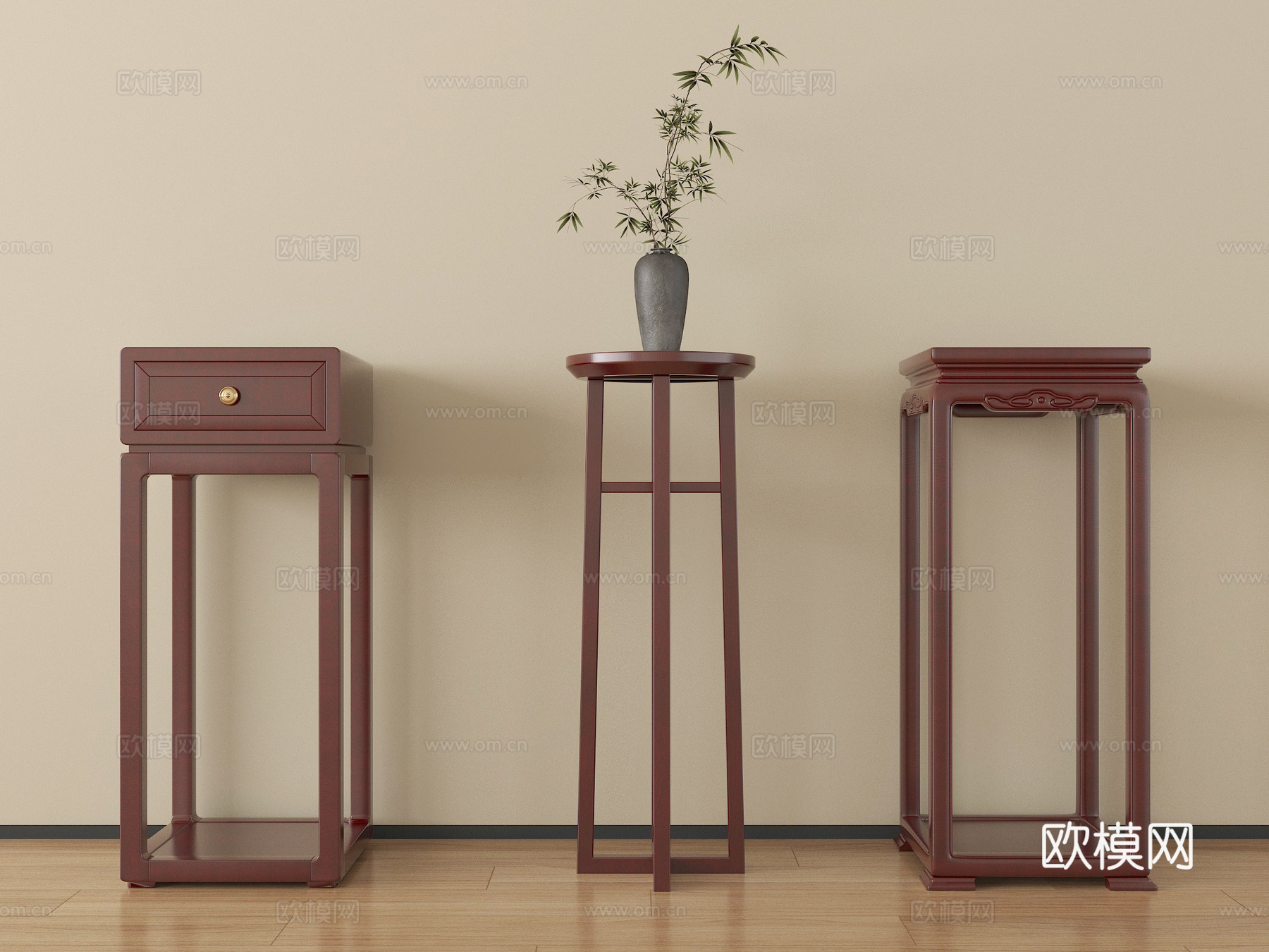 新中式花架 花几 盆栽su模型