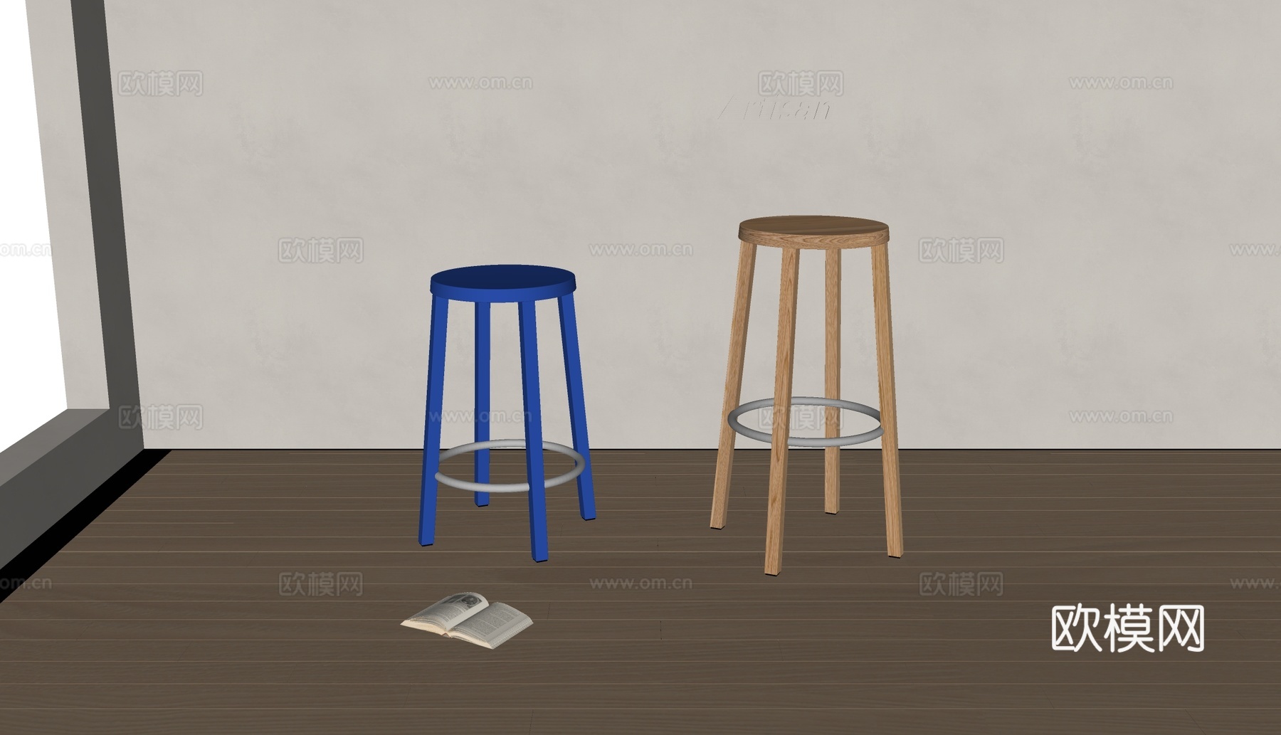 Artisan现代凳子 吧凳 实木凳子 克莱因蓝凳子su模型