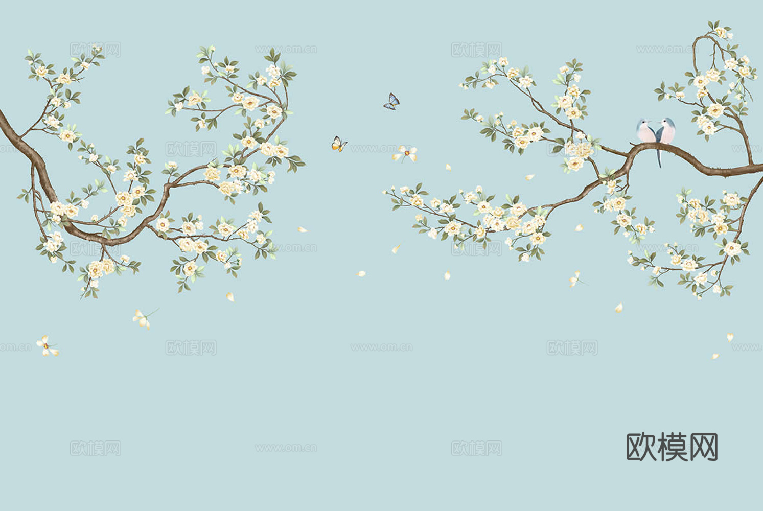 蓝色中式花鸟壁纸