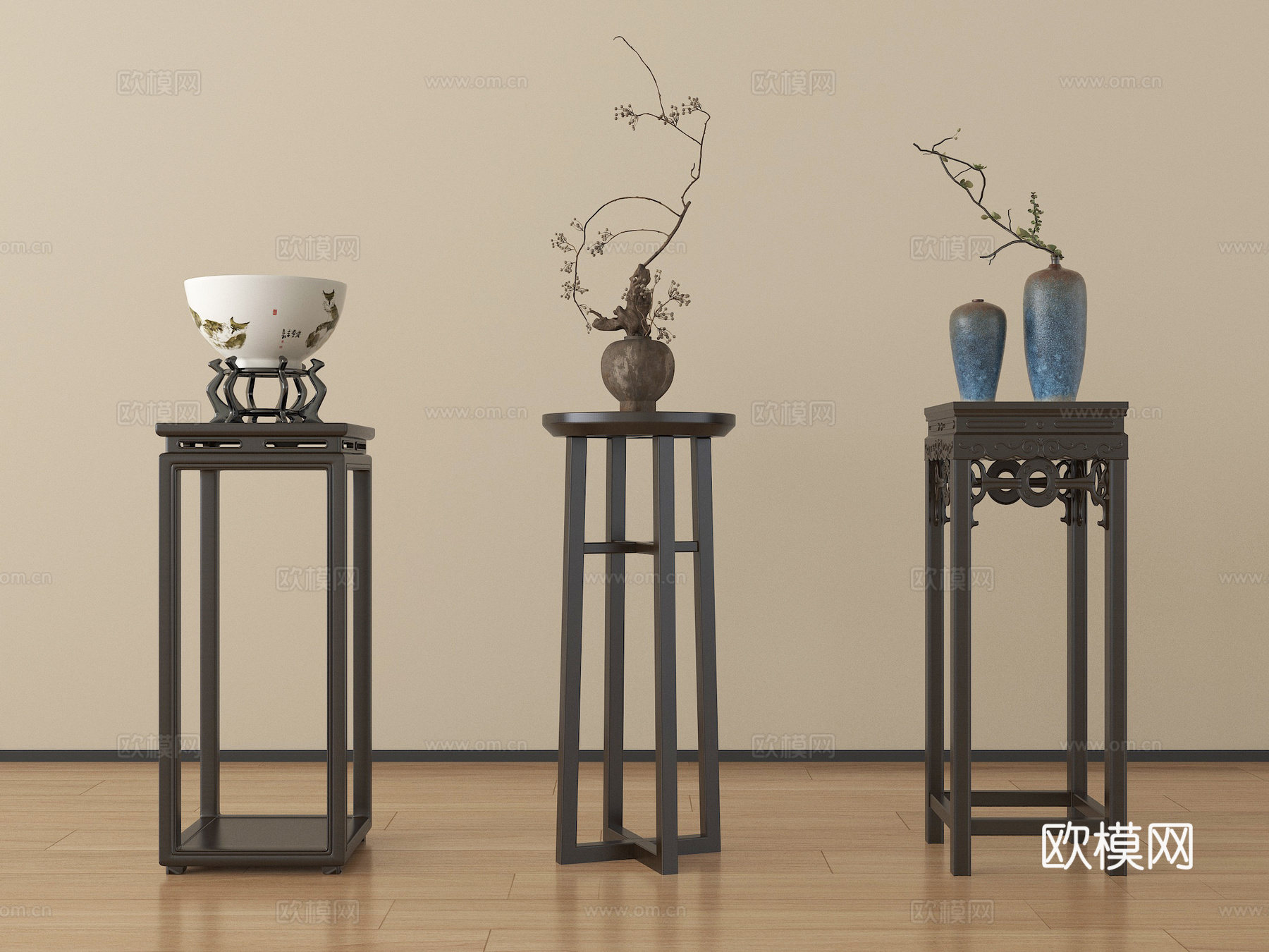 新中式花架 花几 花盆 盆栽su模型