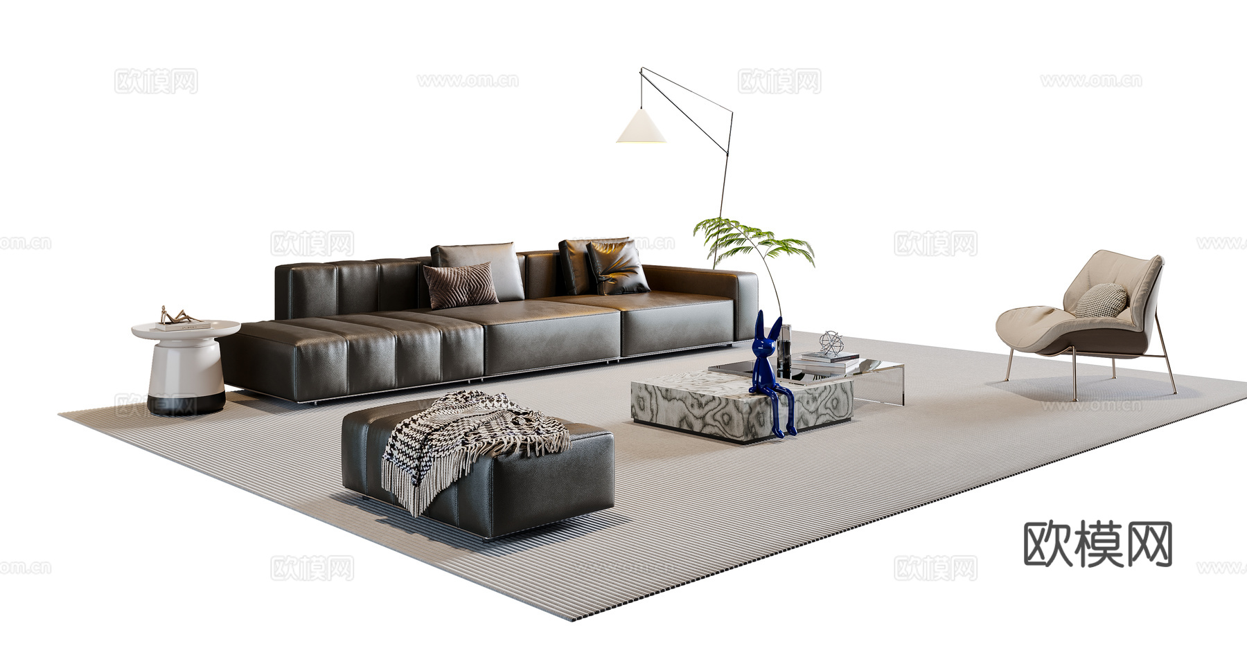 现代意式沙发茶几组合 多人沙发 皮质沙发 休闲椅 地毯su模型