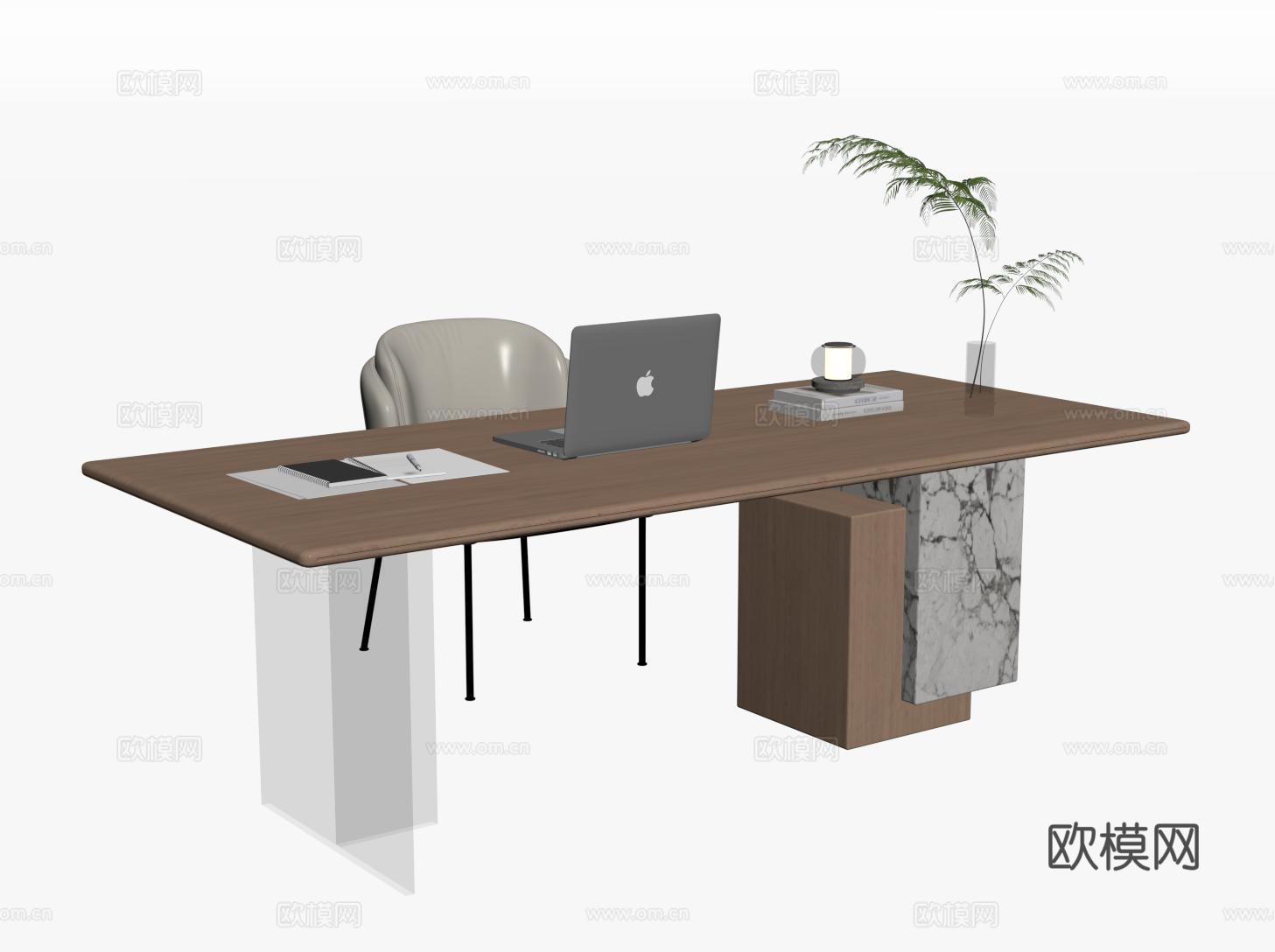 现代书桌椅 实木大理石书桌su模型