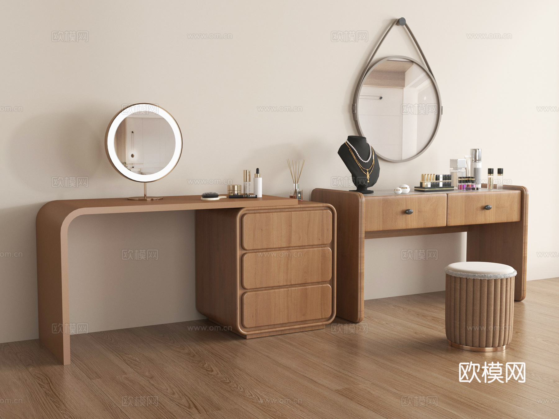 现代法式梳妆台 化妆台 化妆镜 化妆凳su模型