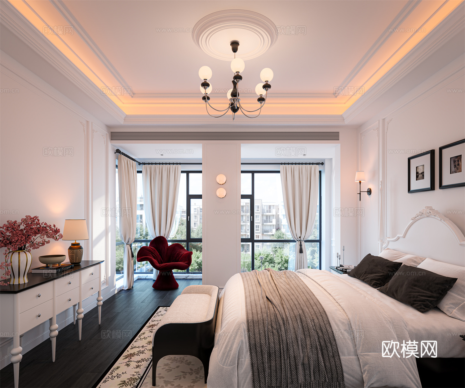 法式风主卧套房3d模型下载（渲染图2）