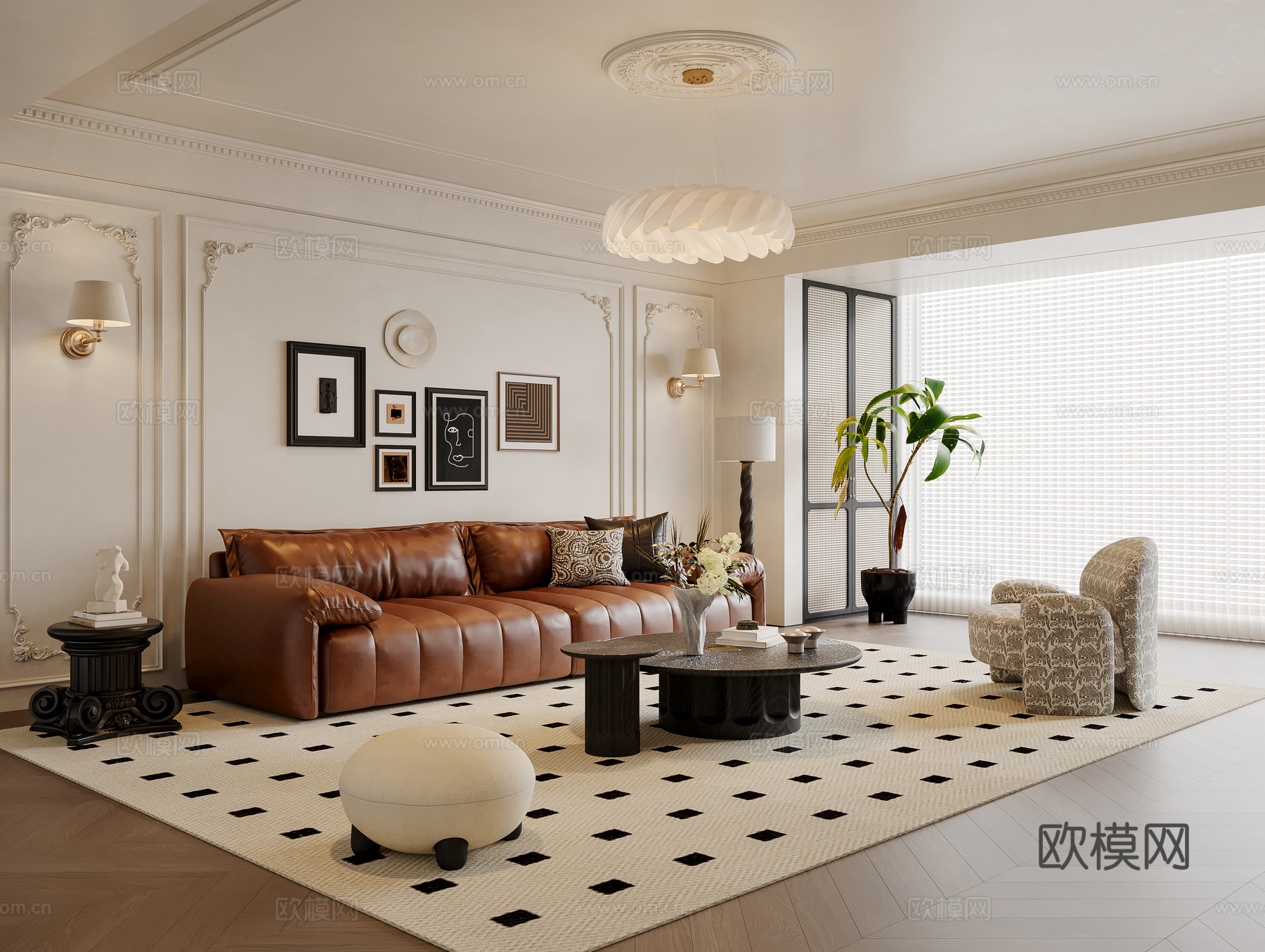 法式中古风客厅 沙发茶几 休闲椅 挂画 吊灯 落地灯 地毯su模型