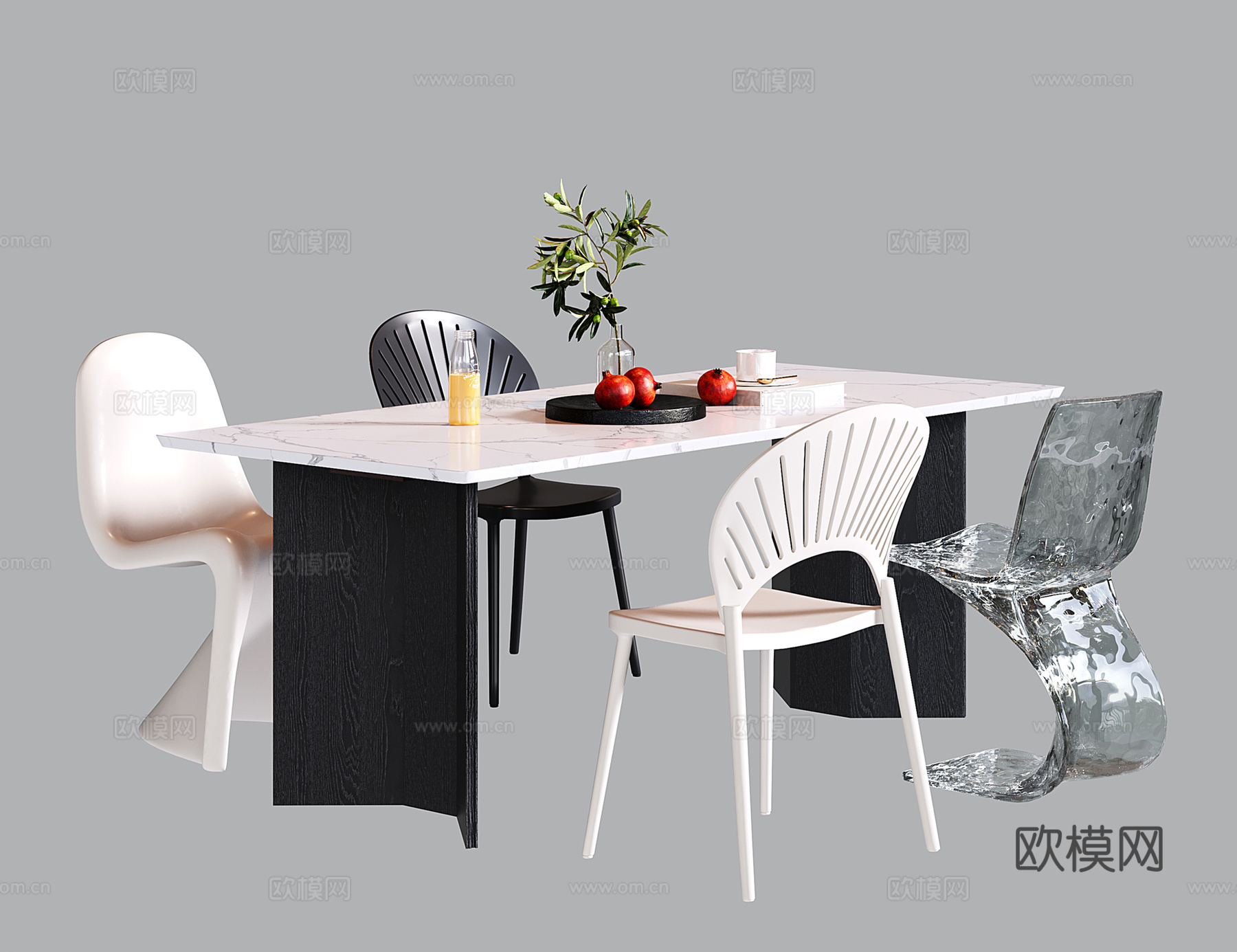 现代餐桌椅 大理石餐桌 餐椅su模型