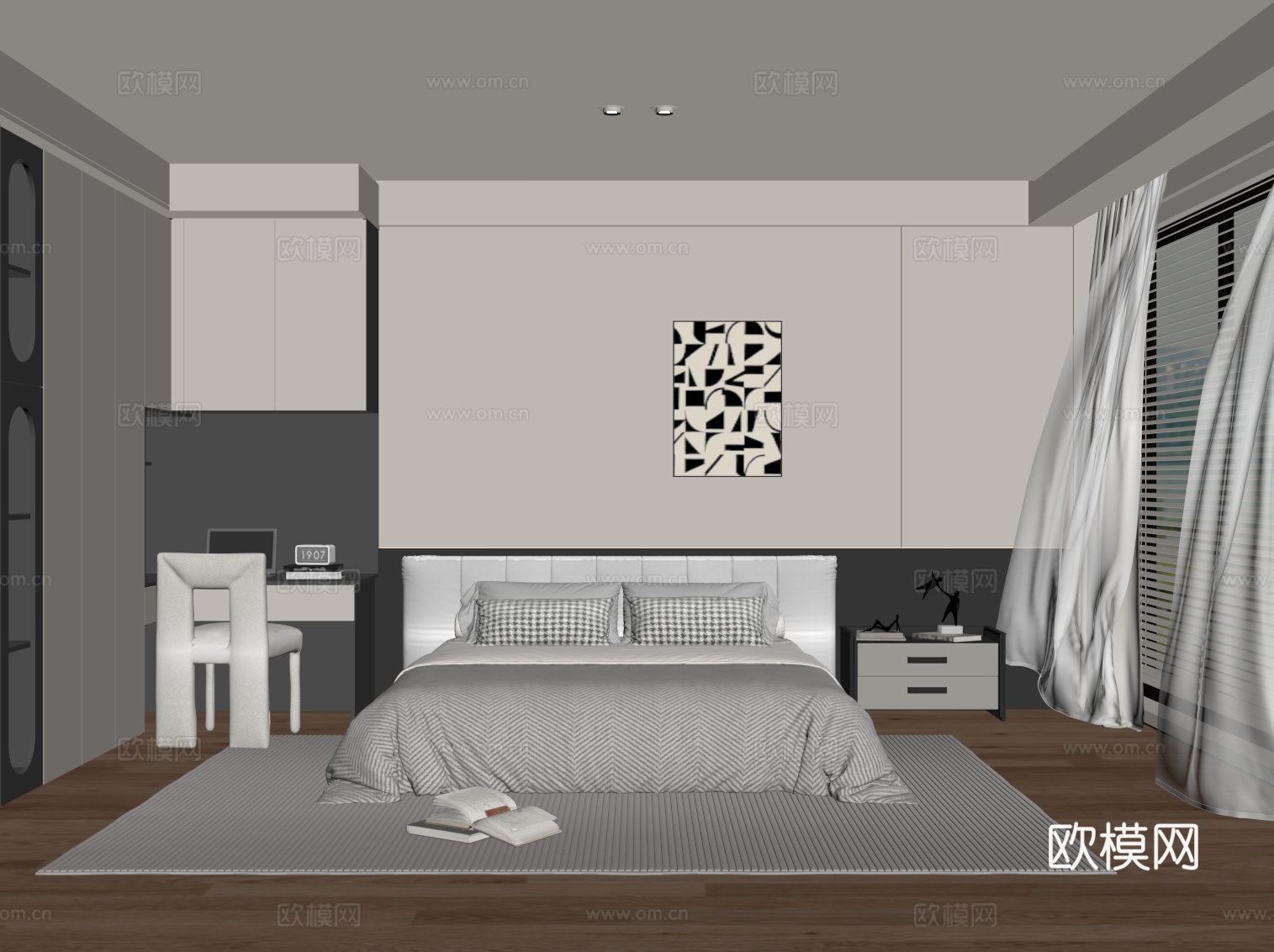 现代卧室 双人床 衣柜 书桌椅su模型