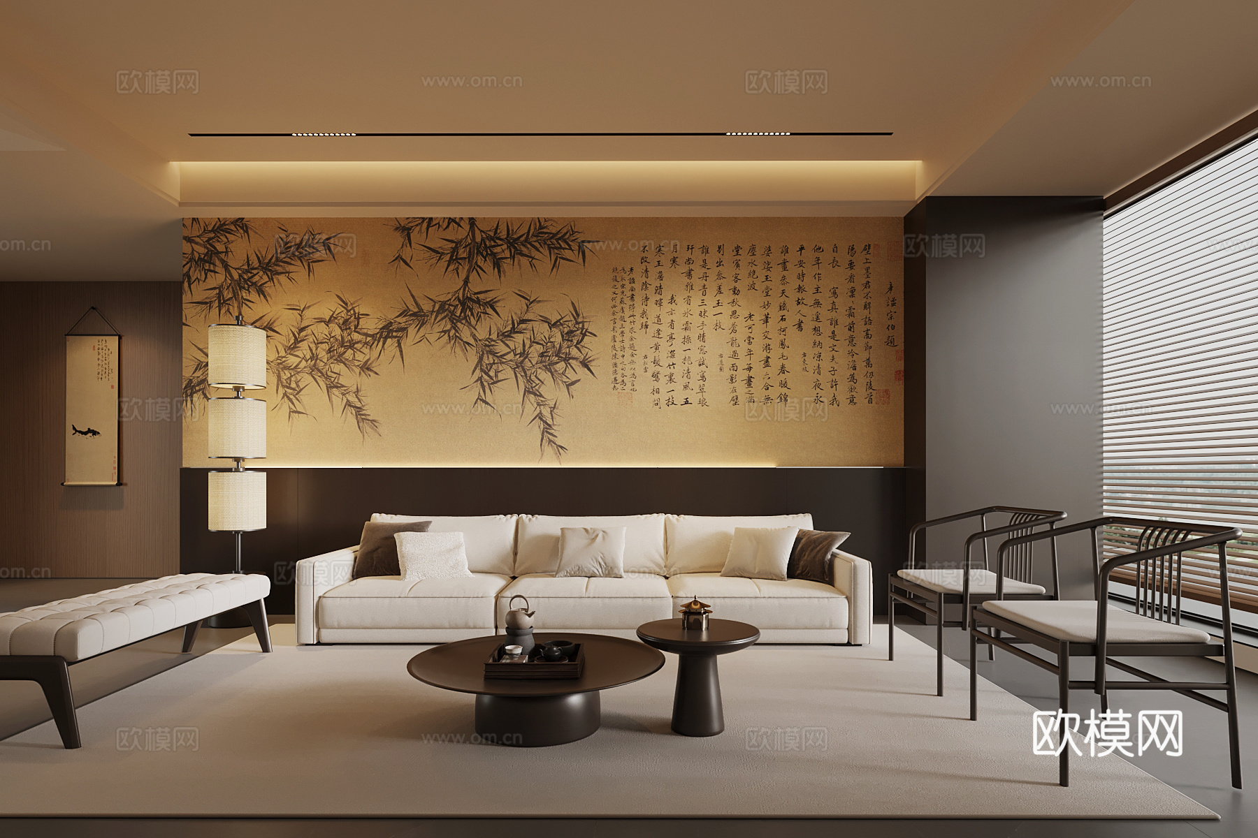 新中式客厅 沙发茶几组合 背景墙su模型