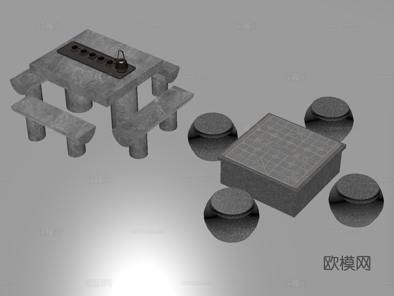 新中式石头户外桌椅 茶桌椅 休闲桌椅su模型