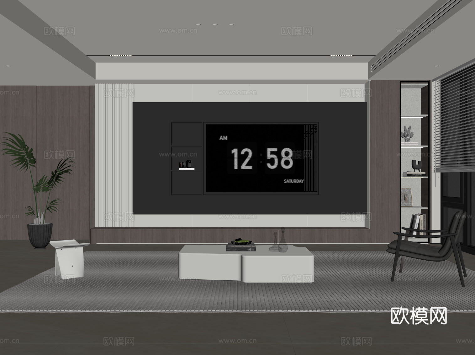 现代极简客厅 电视背景墙 沙发茶几组合su模型