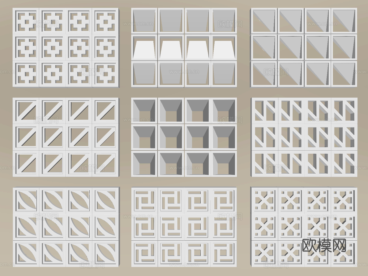 现代水泥砖隔断 镂空水泥砖隔断 空心砖 镂空砖su模型