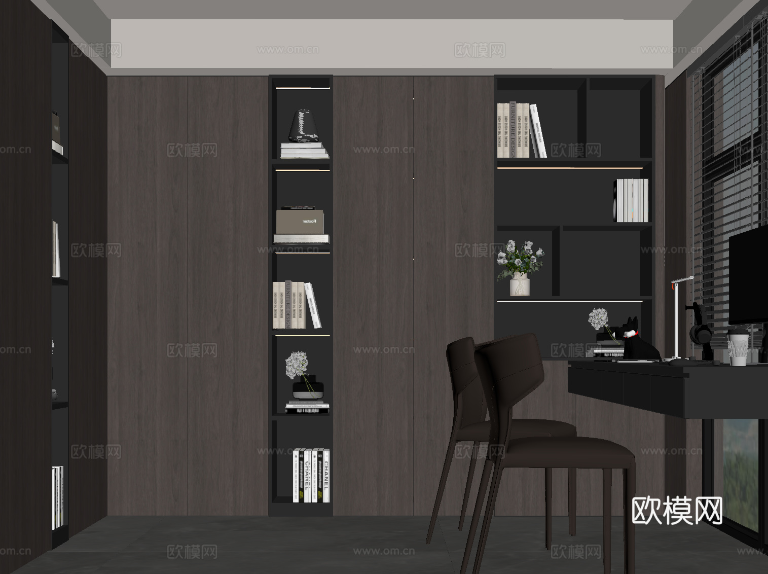 意式书房 L型书柜 书桌椅su模型