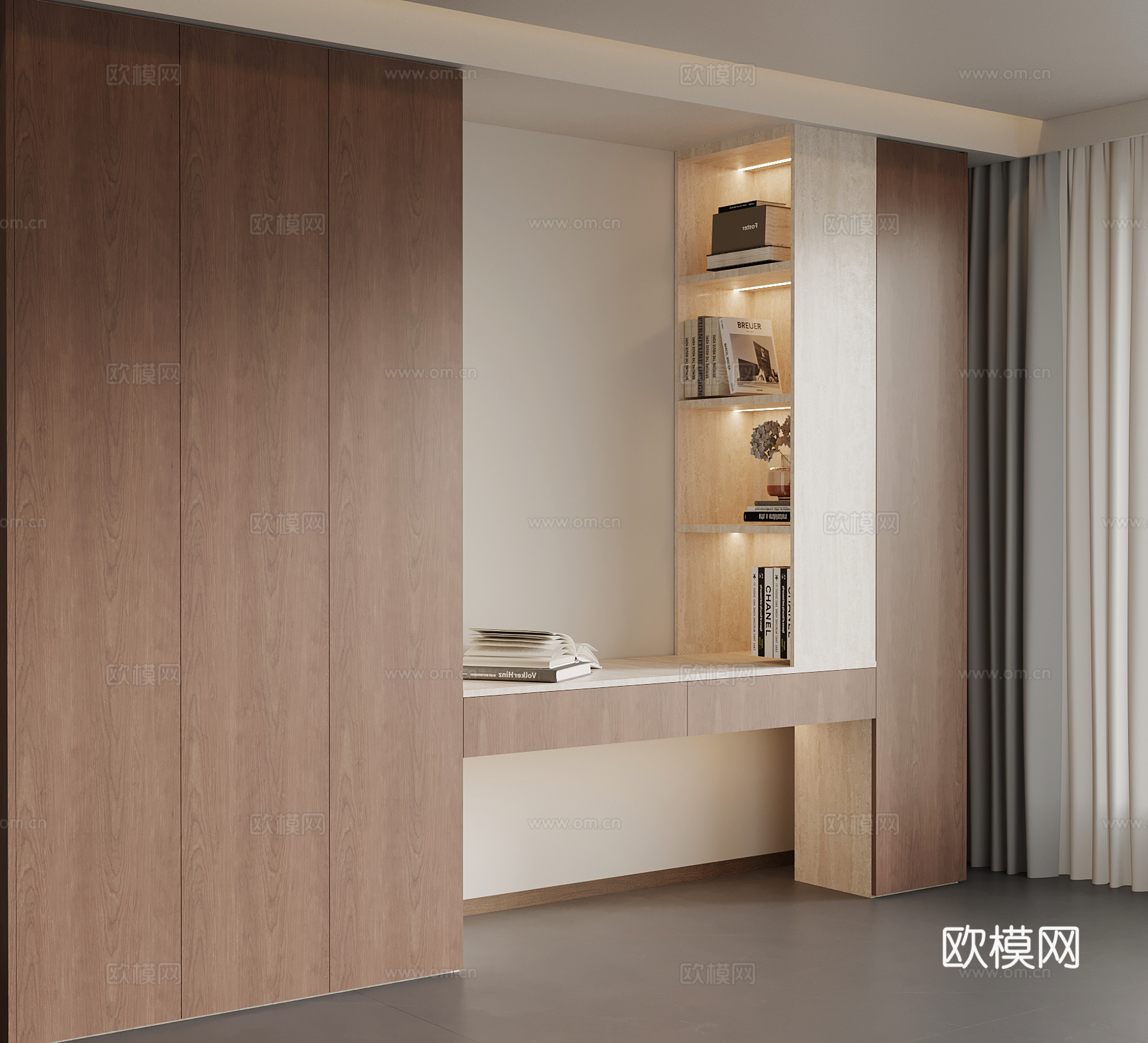 现代中古风飘窗柜su模型