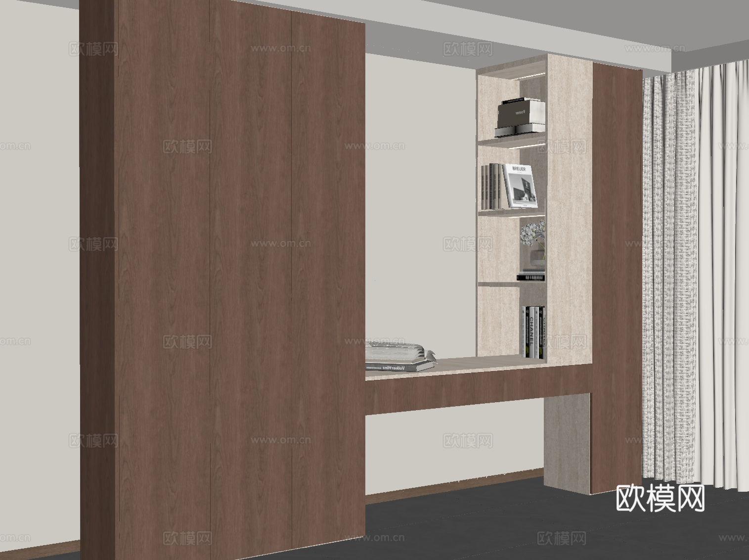 现代中古风飘窗柜su模型