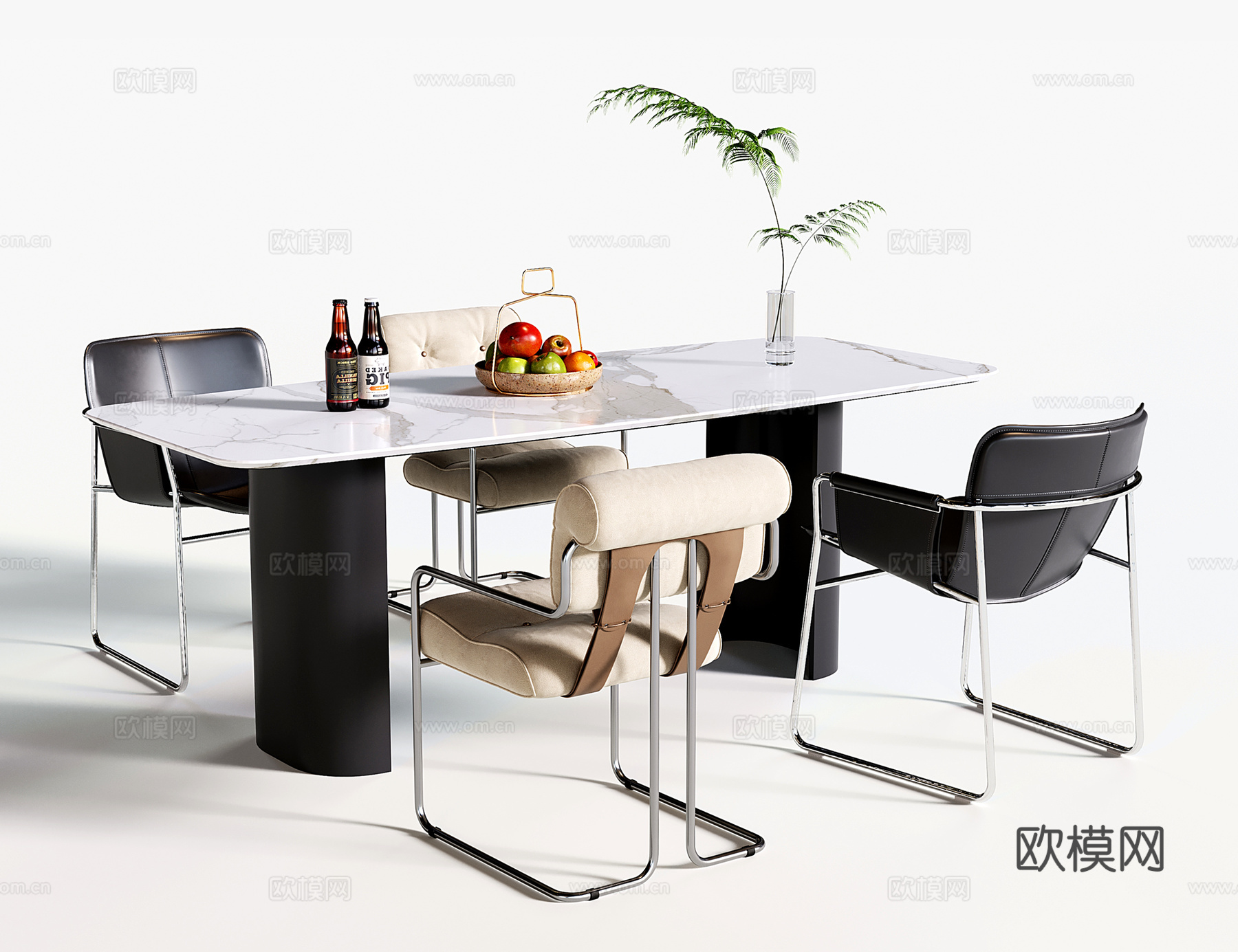 现代餐桌椅 大理石餐桌 皮质餐椅 单椅su模型