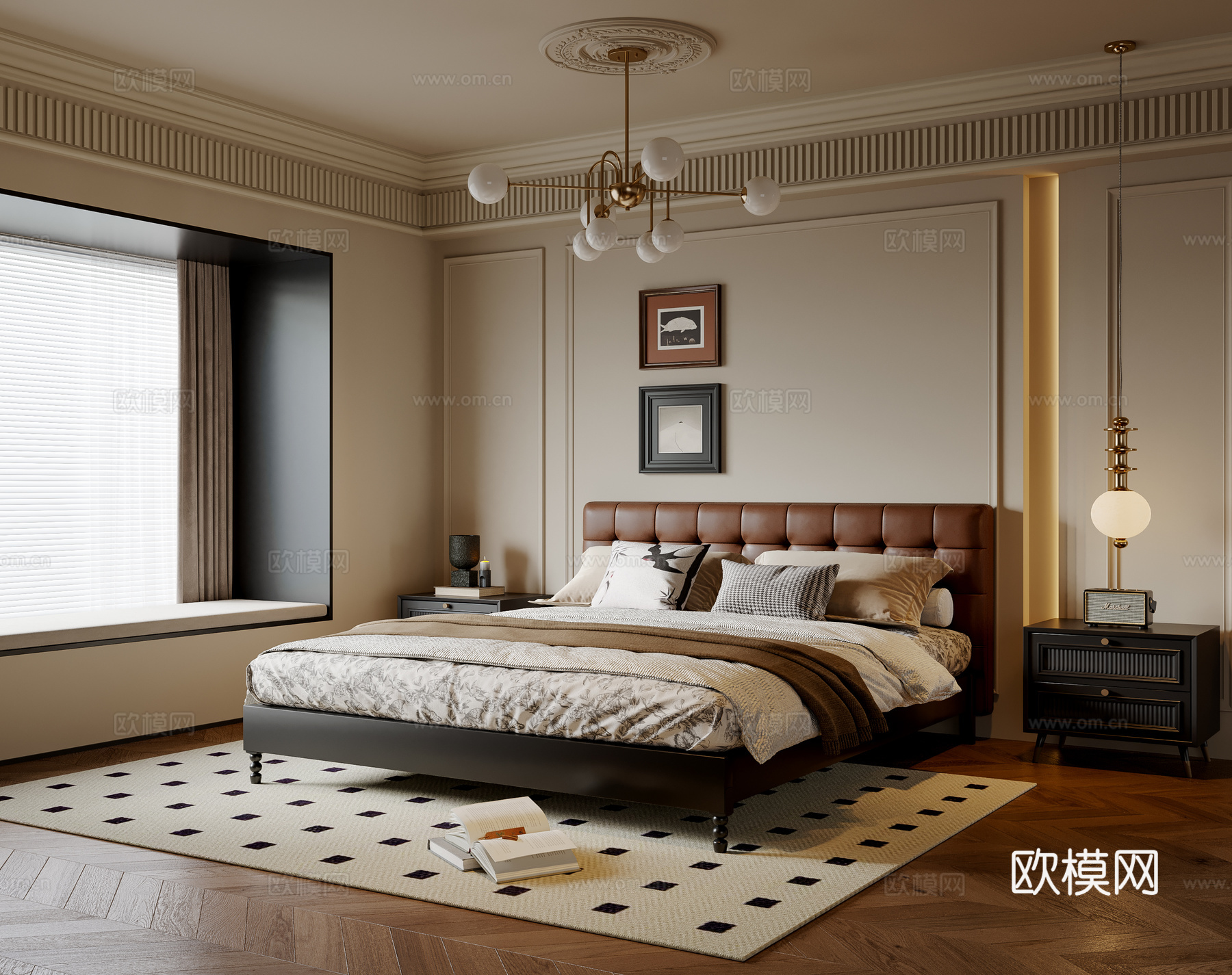 法式中古风卧室 实木双人床 床头柜 吊灯 挂画 地毯su模型