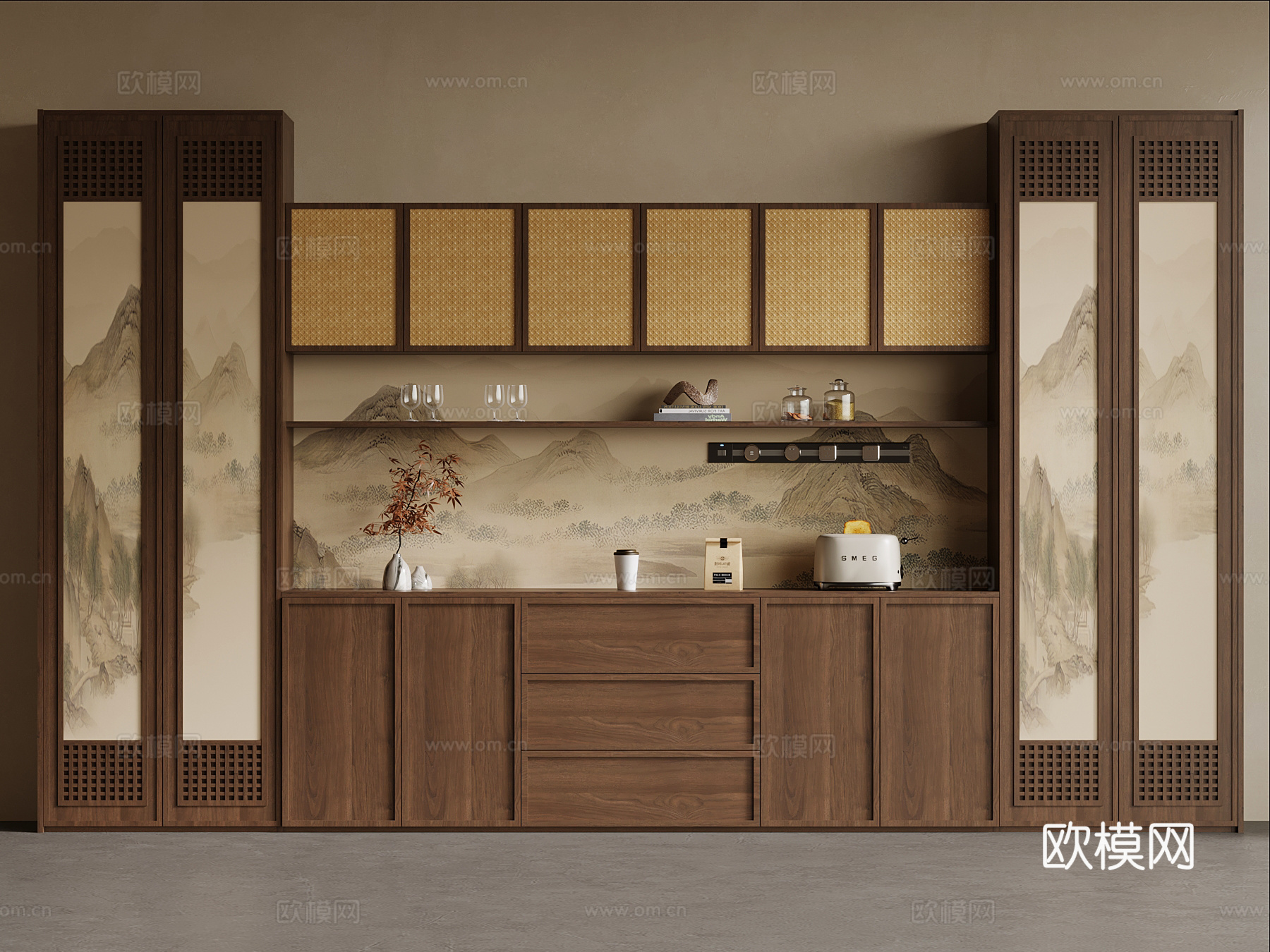 新中式酒柜 宋式风酒柜 餐边柜su模型
