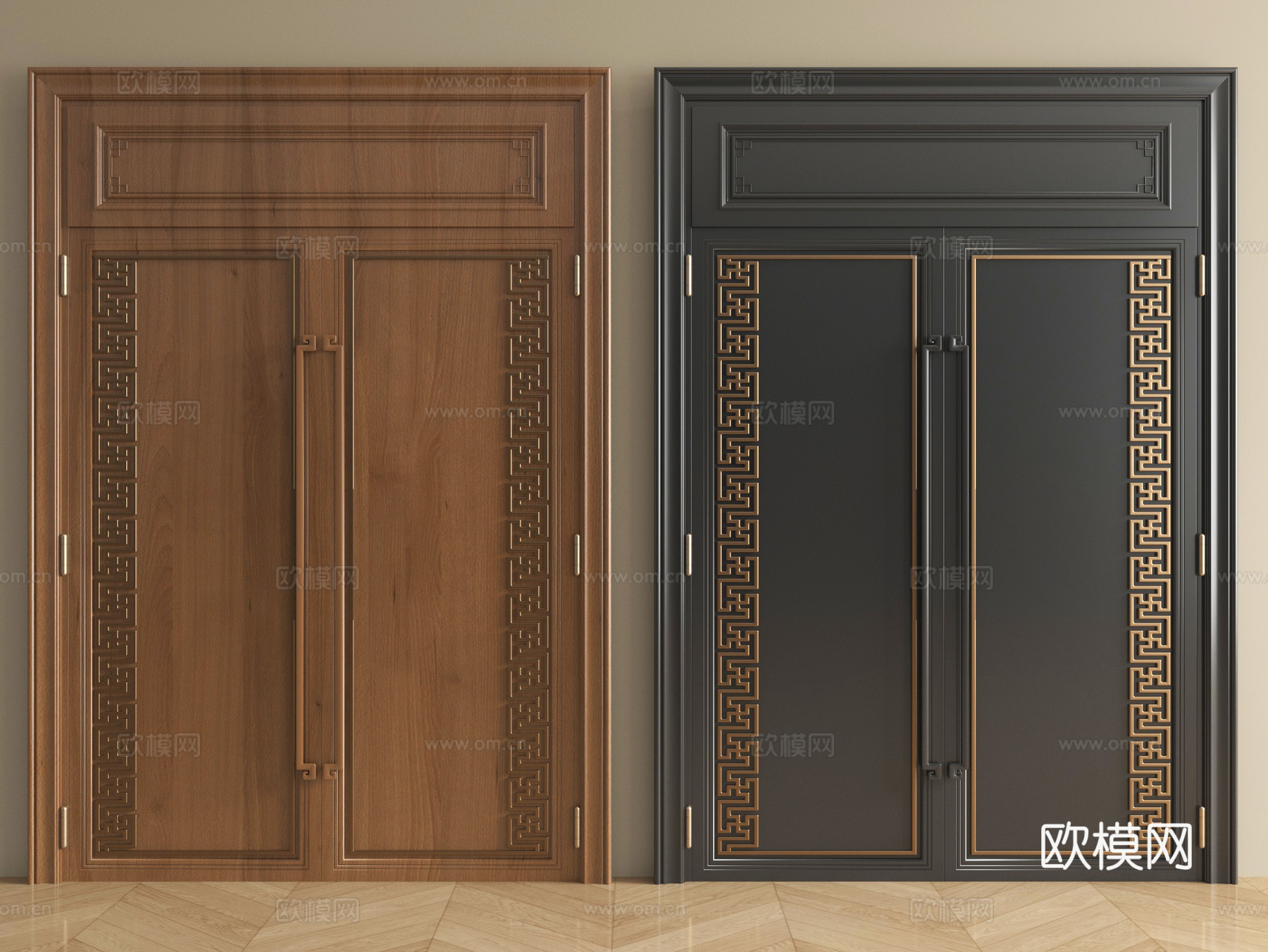 新中式双开门 实木门 通顶门 大门su模型