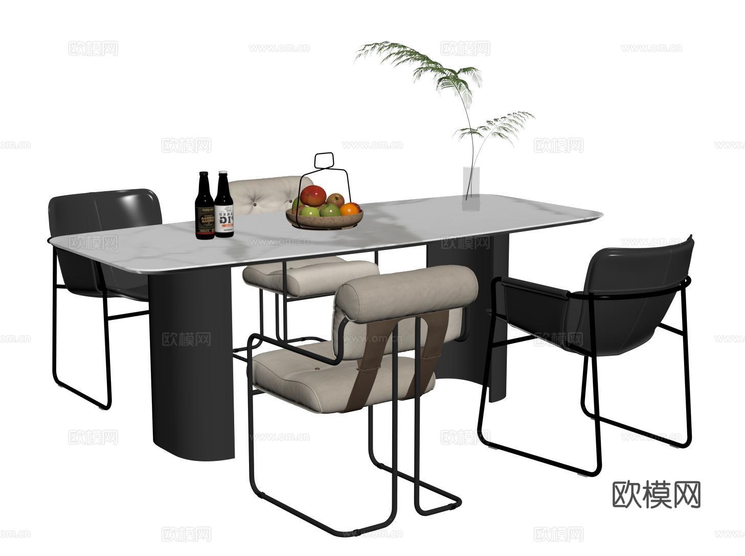 现代餐桌椅 大理石餐桌 皮质餐椅 单椅su模型
