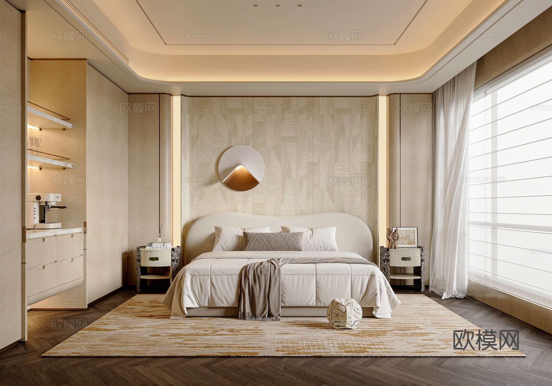 现代轻奢卧室 轻奢双人床  卧室背景墙 卧室摆件3d模型下载