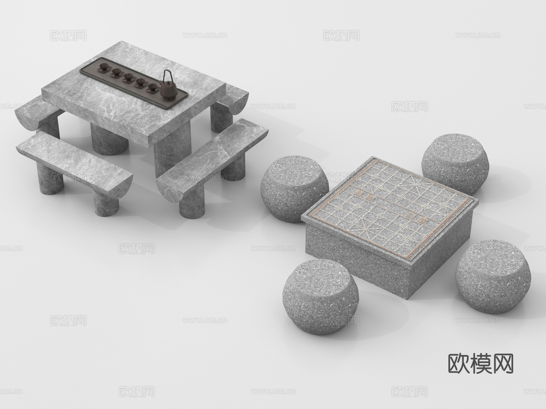 新中式石头户外桌椅 茶桌椅 休闲桌椅su模型